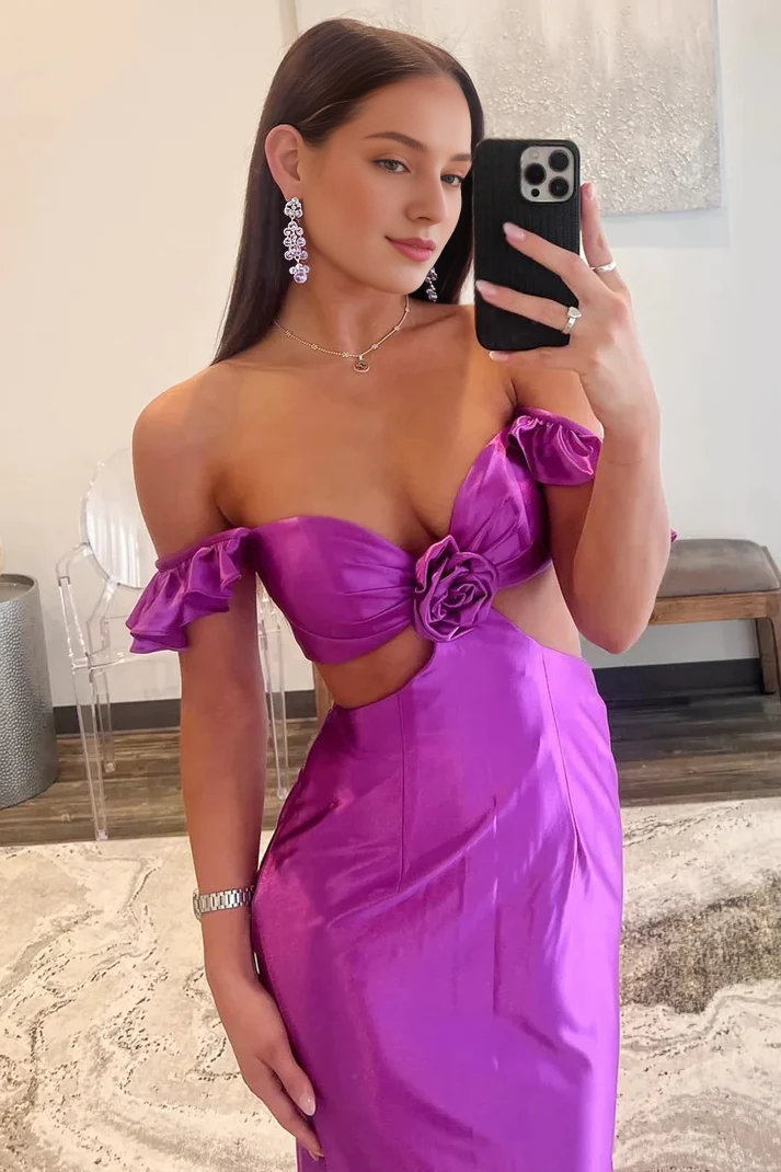 Vestido de fiesta ajustado de sirena con hombros descubiertos, mangas onduladas y corte en la cintura en violeta 