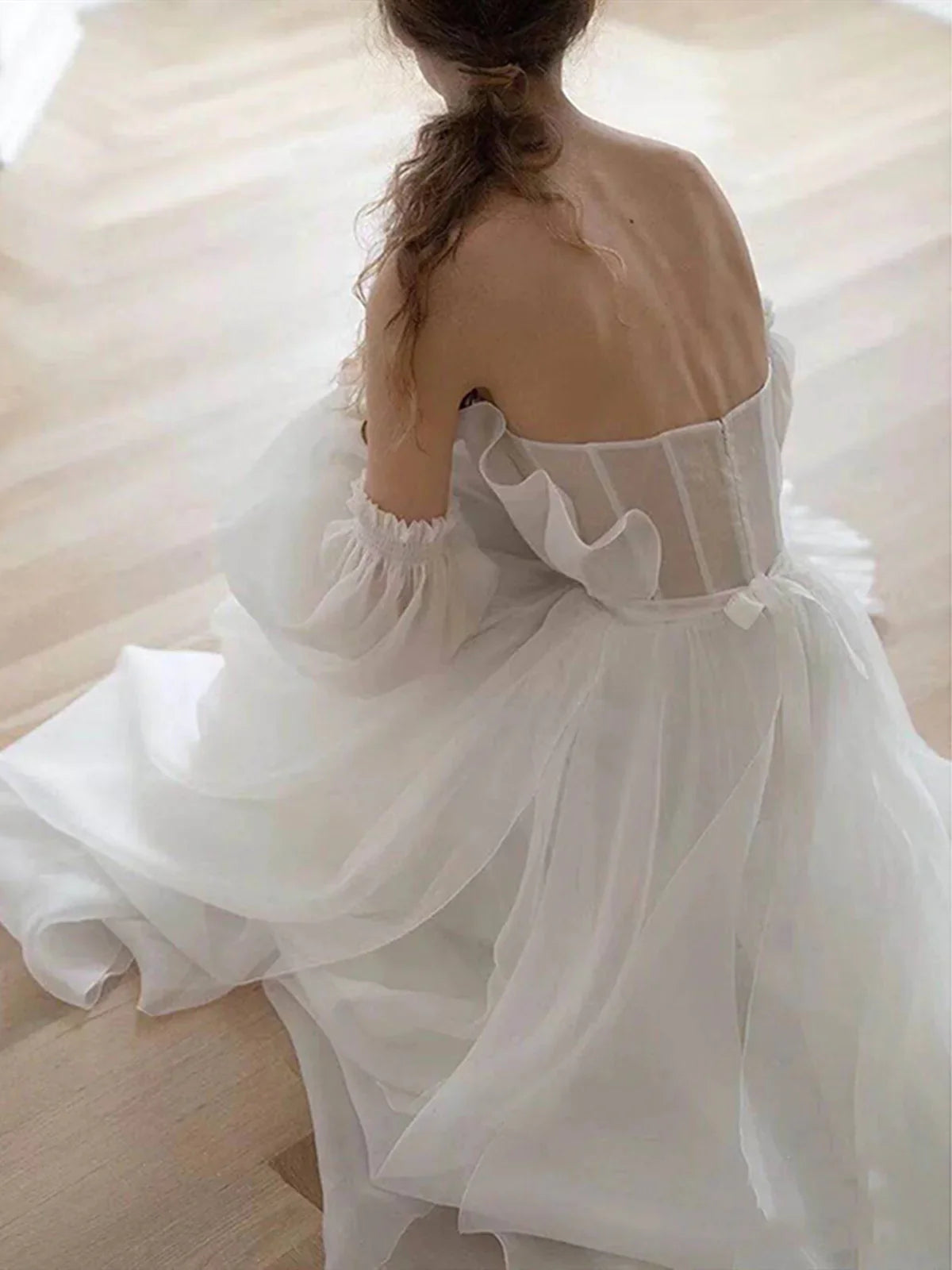 Off-the-Shoulder Floor Length A line White Long Prom Dress With Sleeve