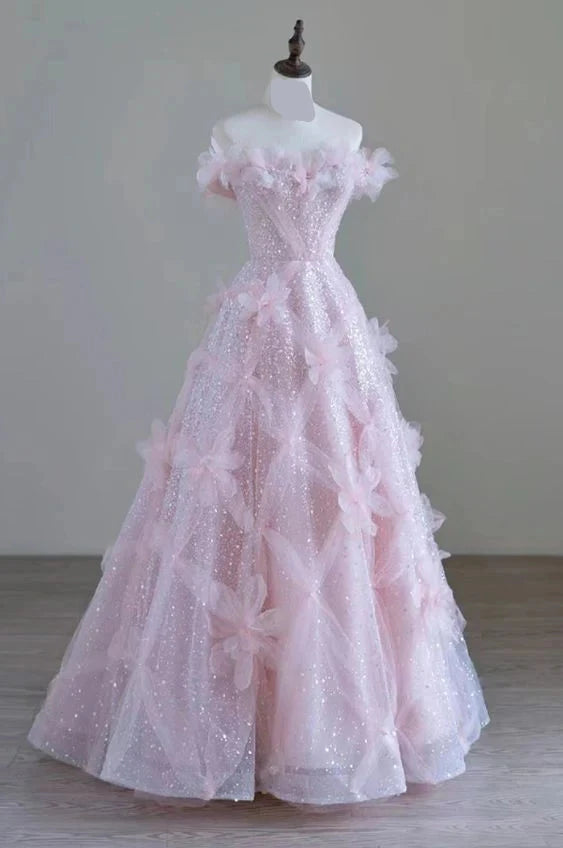 Vestido de fiesta de hada rosa con hombros descubiertos, largo hasta el suelo y tacto alto, con flores 3D 