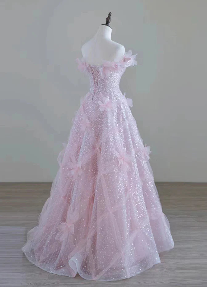 Vestido de fiesta de hada rosa con hombros descubiertos, largo hasta el suelo y tacto alto, con flores 3D 