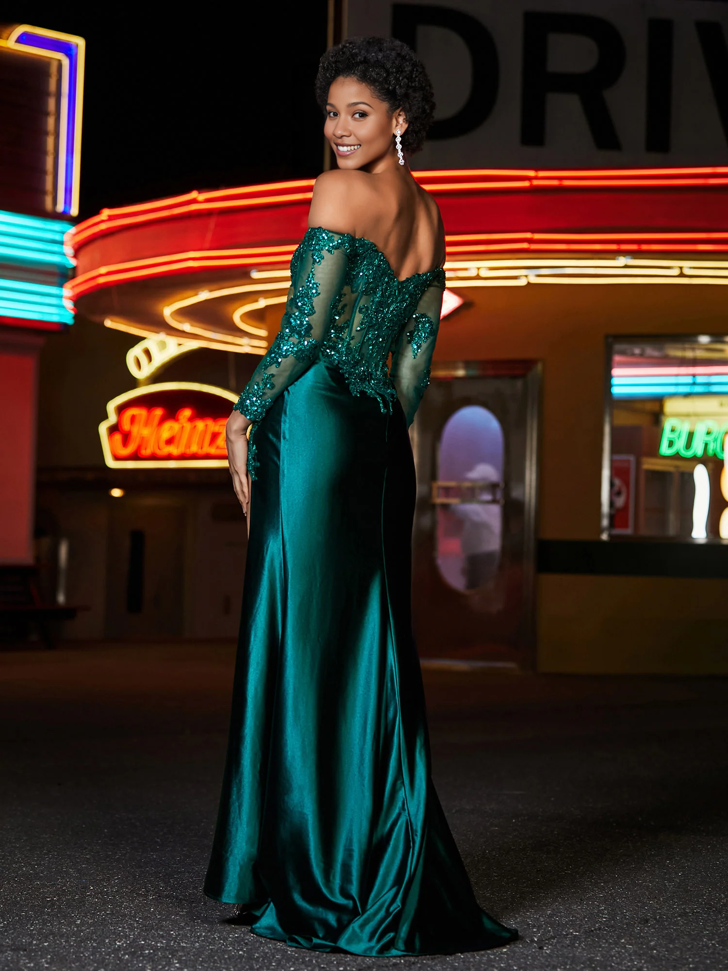 Robe de soirée en satin extensible, épaules dénudées, longueur au sol, corsage corset fendu haut 