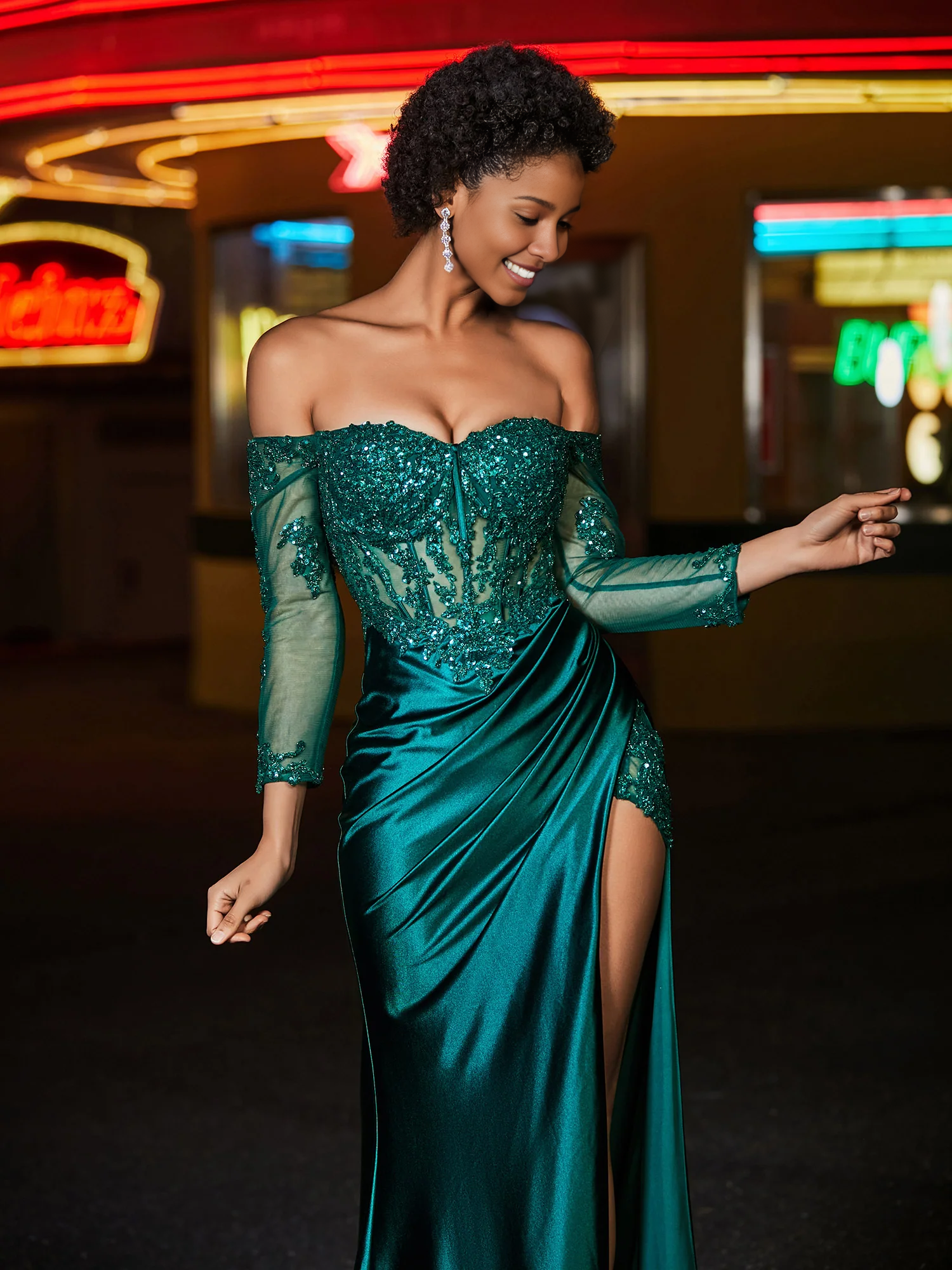 Off-the-Shoulder Floor Length High Slit Corset Bodice Stretch Satin Evening Prom Dress