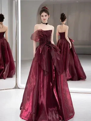 Off-the-Shoulder Floor Length Simple Ball Gown Strapless Burgundy Long Prom Dress