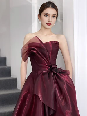 Off-the-Shoulder Floor Length Simple Ball Gown Strapless Burgundy Long Prom Dress