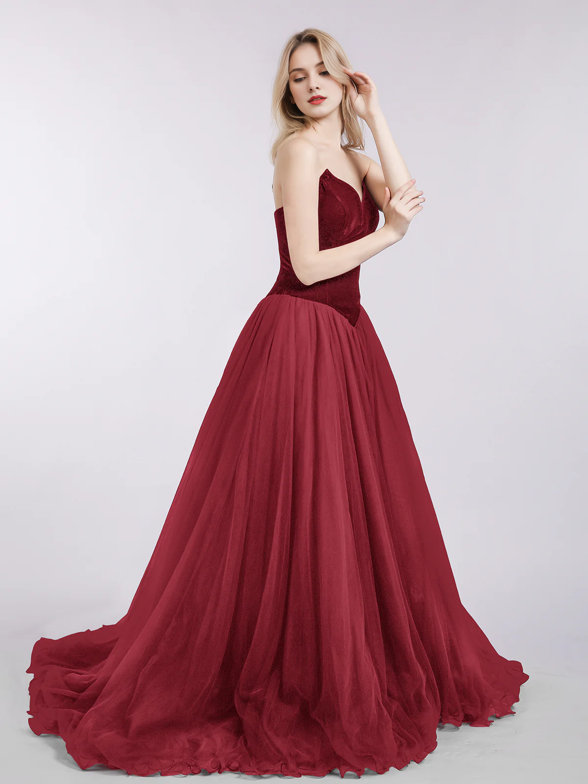 Off-the-Shoulder Floor Length Sweetheart Neck Tulle Evening Dress with Train-Burgundy