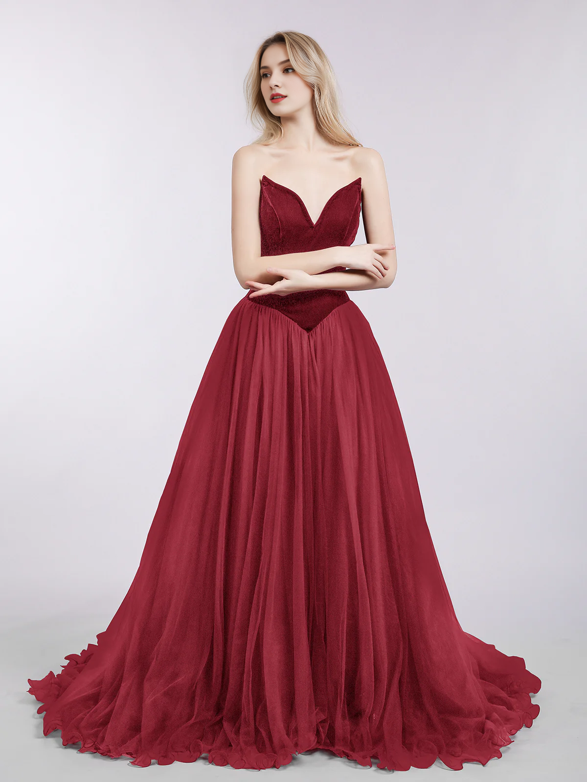 Off-the-Shoulder Floor Length Sweetheart Neck Tulle Evening Dress with Train-Burgundy