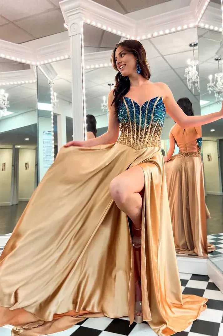 Robe de bal longue à épaules dénudées, sans manches, coupe trapèze, sans bretelles, fendue, avec perles 