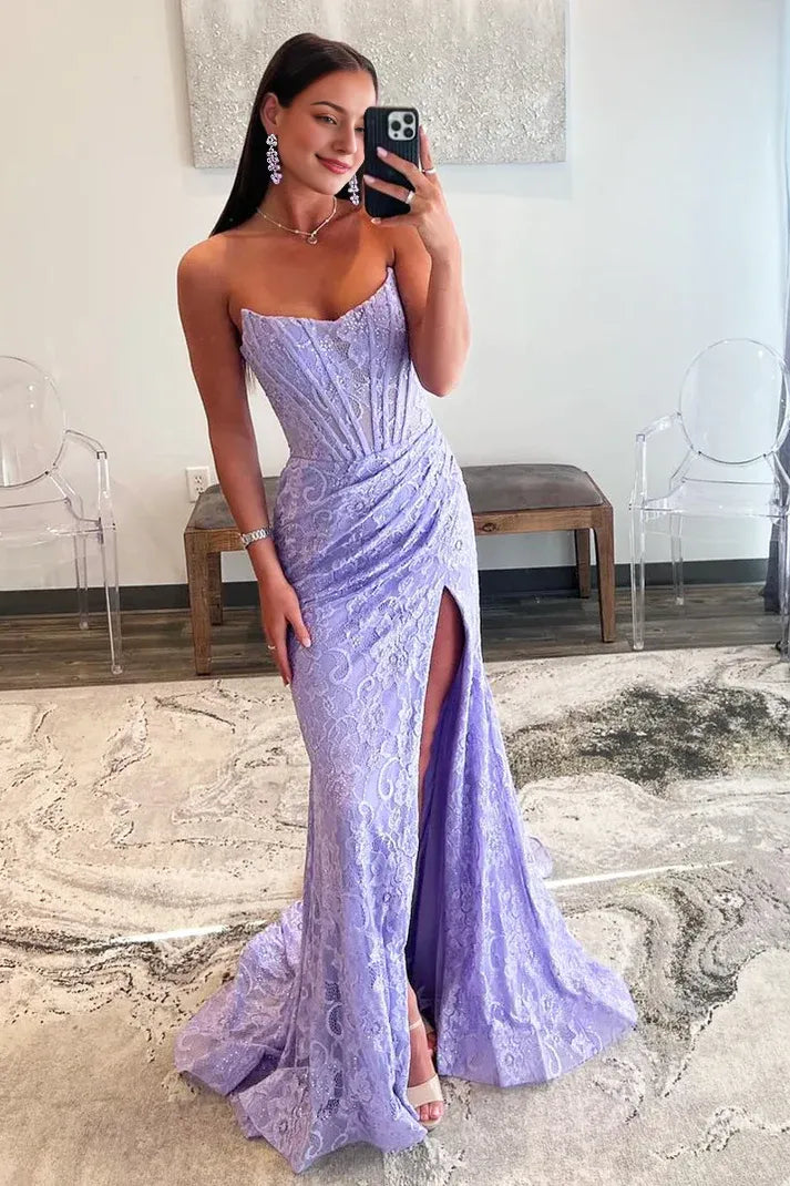 Vestidos de fiesta largos de sirena sin tirantes, con encaje lavanda y hombros descubiertos, con apliques de encaje 