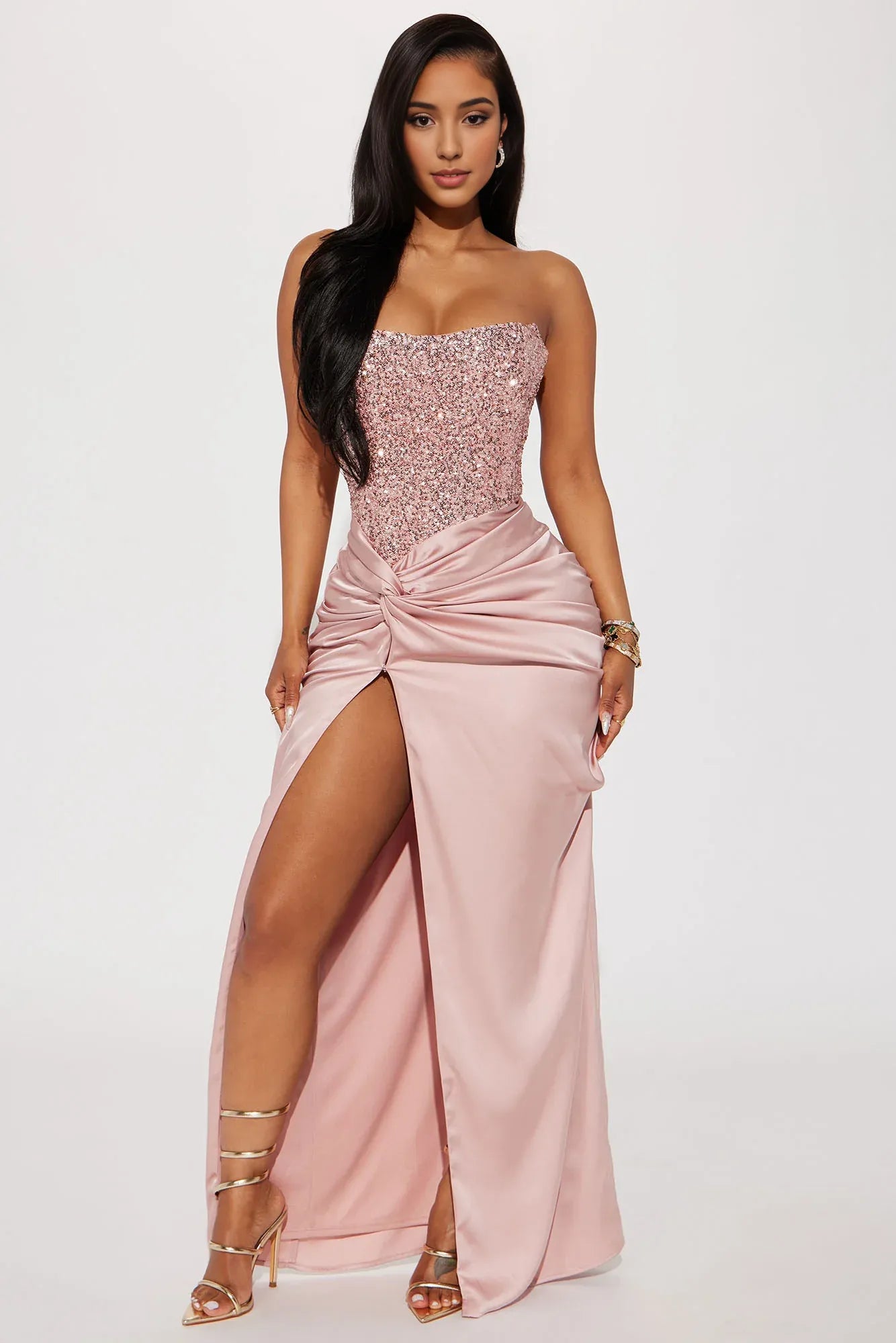 Off-the-Shoulder Long Sequin Satin Gown Pink Mermaid Corset Party Dress With Hight Slit Floor Length