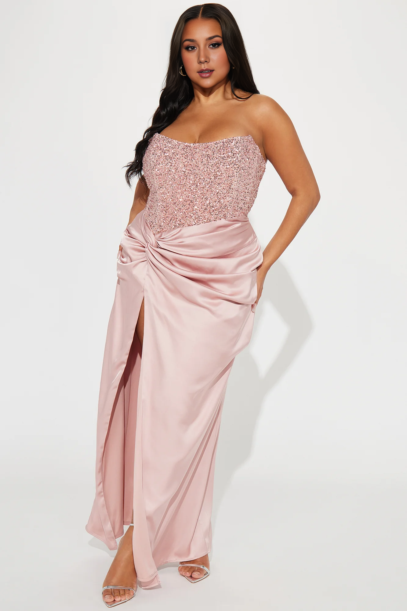 Off-the-Shoulder Long Sequin Satin Gown Pink Mermaid Corset Party Dress With Hight Slit Floor Length
