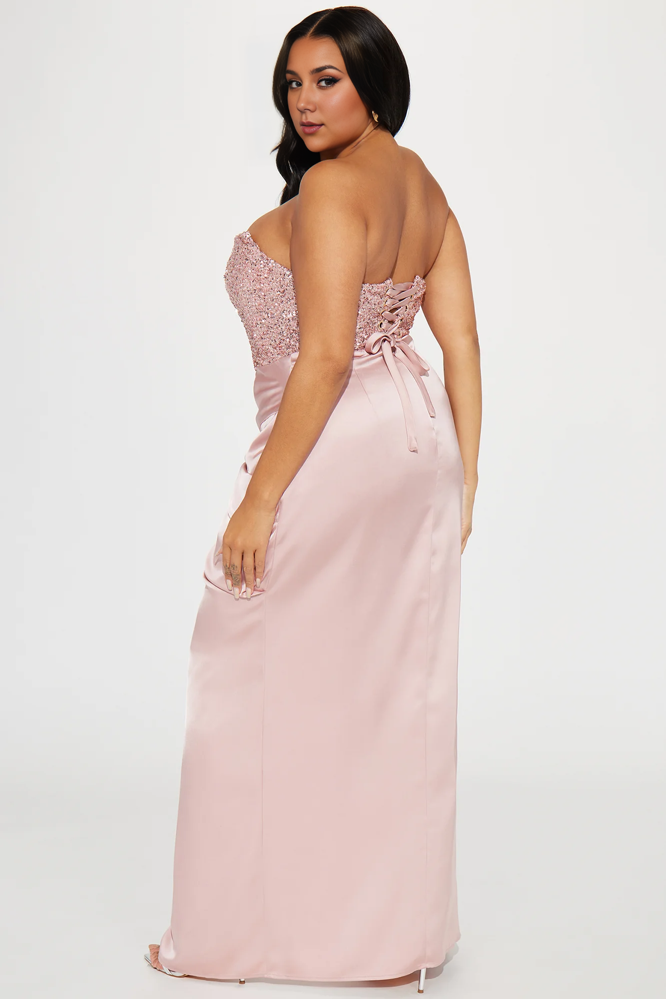 Off-the-Shoulder Long Sequin Satin Gown Pink Mermaid Corset Party Dress With Hight Slit Floor Length