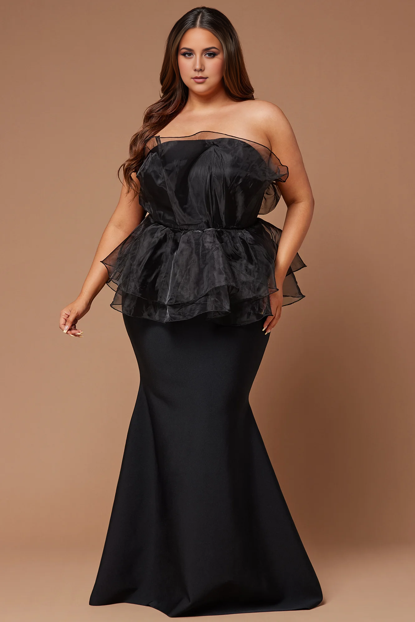 Robe de bal longue noire sans manches, épaules dénudées, longueur au sol, grande taille 