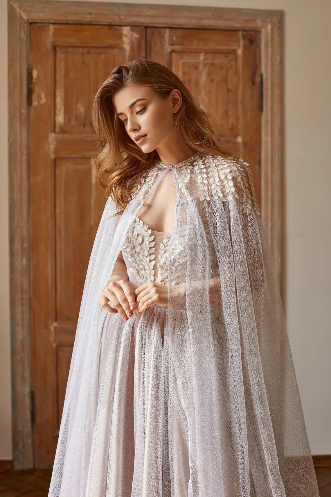 Off-the-Shoulder Long Wedding Dress Backless Tulle Sleeveless Floor Length Prom Party Dress With Cape