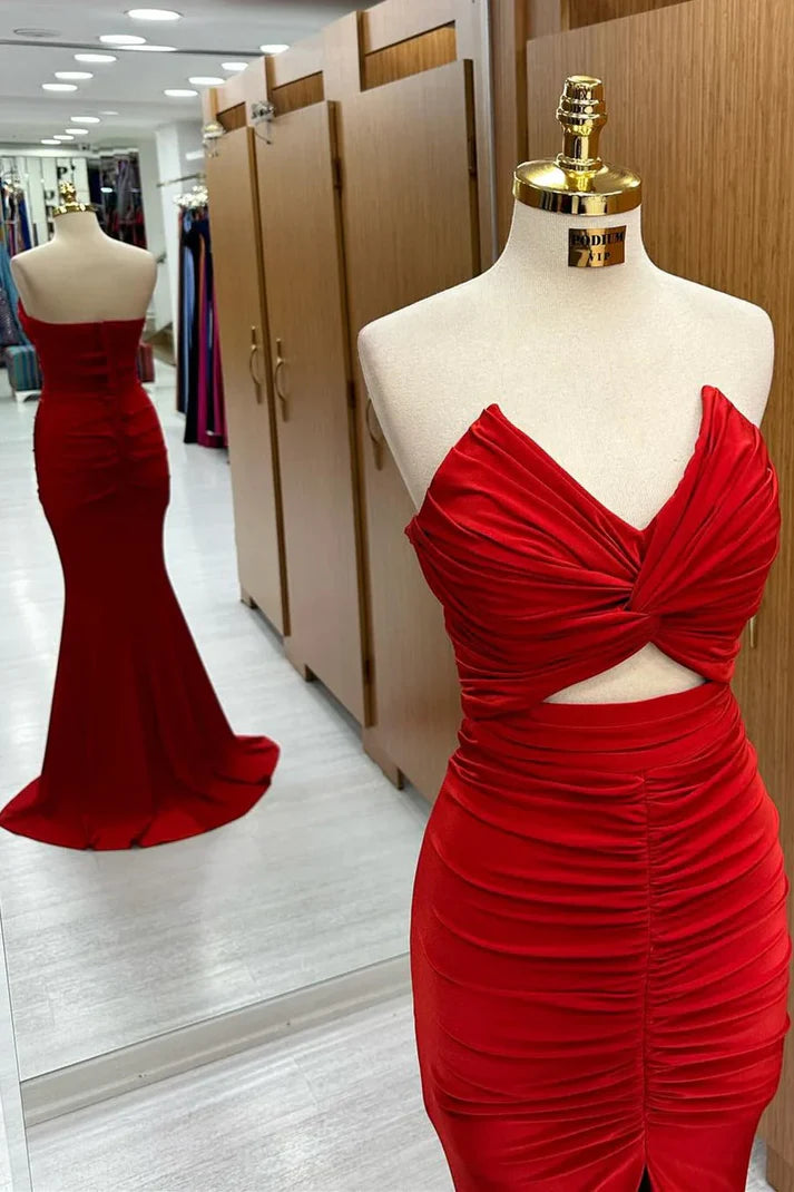 Vestidos de fiesta largos de sirena con hombros descubiertos, sin tirantes, en rojo, con nudo retorcido 