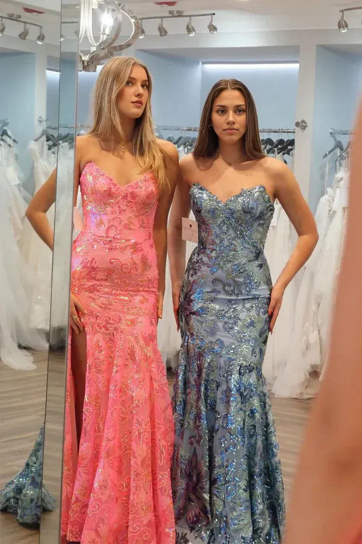 Vestidos de fiesta largos con lentejuelas, sin tirantes, de sirena y hombros descubiertos 