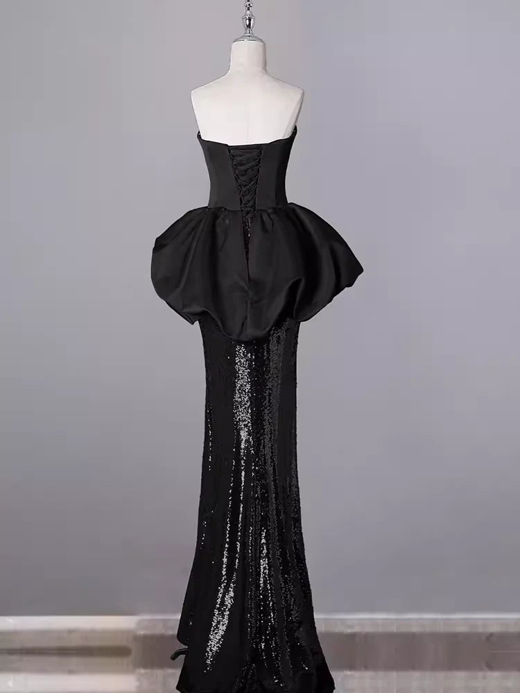 Vestidos de fiesta largos negros con lentejuelas y escote corazón y sirena con hombros descubiertos 