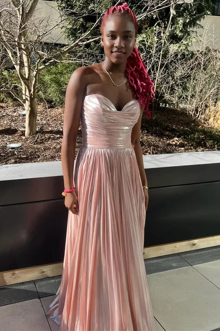 Off-the-Shoulder Metallic Strapless Sleeveless Pleated Gown Prom Dress
