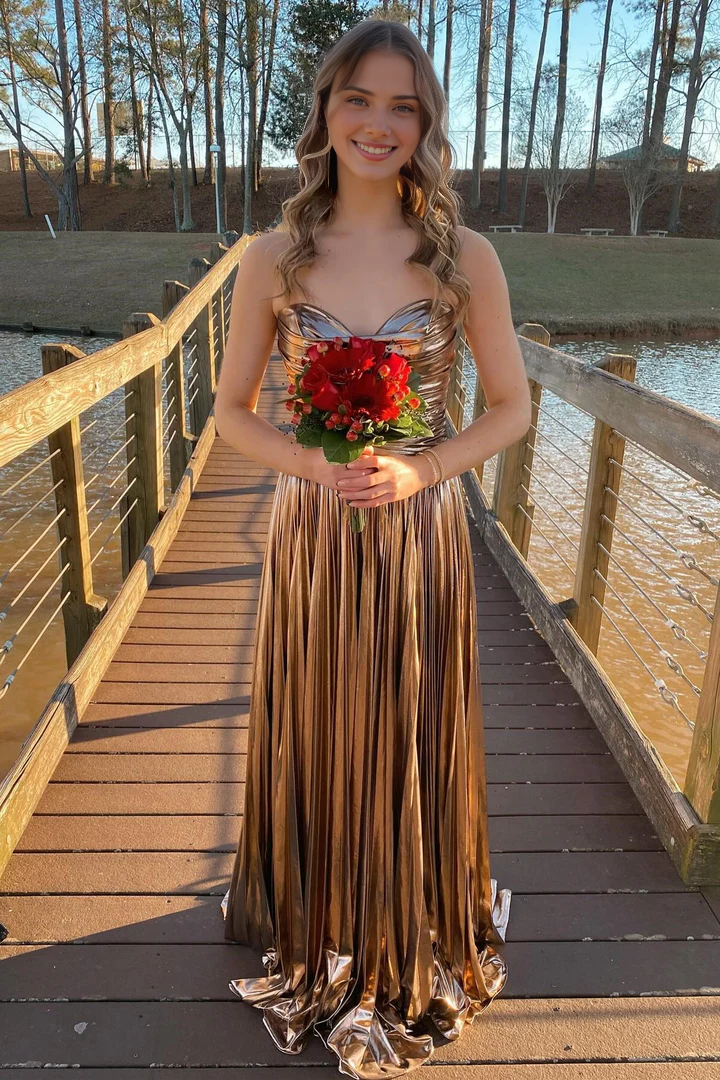 Off-the-Shoulder Metallic Strapless Sleeveless Pleated Gown Prom Dress
