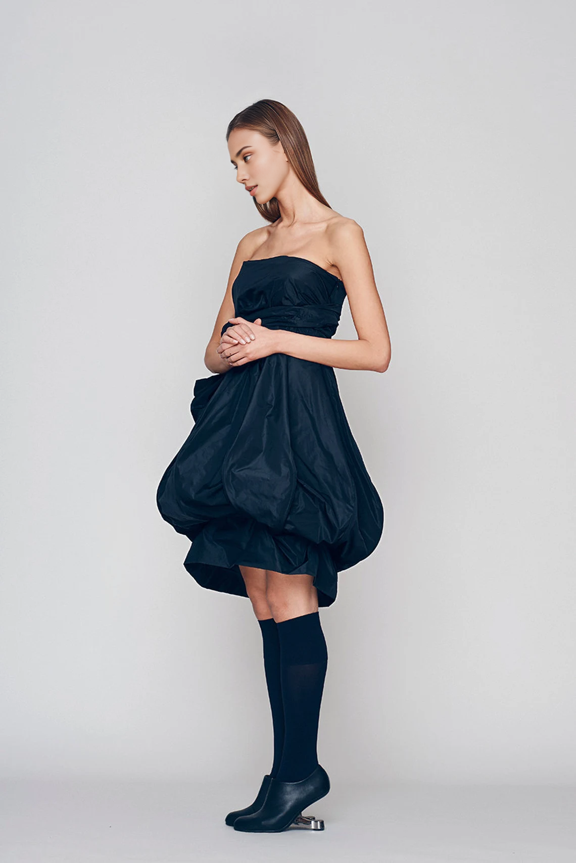 Off-the-Shoulder Navy Bubble Dress Elegant Cocktail Dress Strapless Midi Dress Bridesmaid Dress Balloon Dress