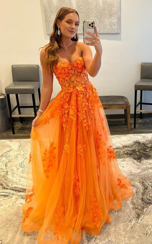 Robe de soirée en dentelle orange à épaules dénudées, décolleté en cœur sexy, longue, avec appliques 