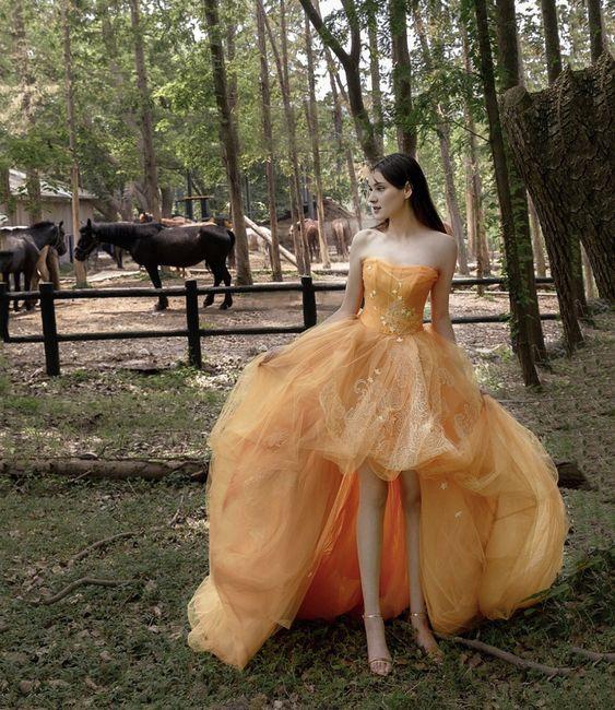 Vestido de noche de fiesta de tul naranja con hombros descubiertos y encaje de corte alto y bajo 