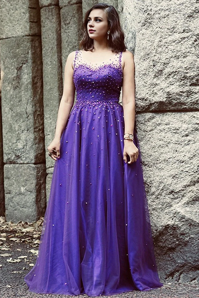 Robe de soirée longue trapèze en tulle à épaules dénudées et perles 