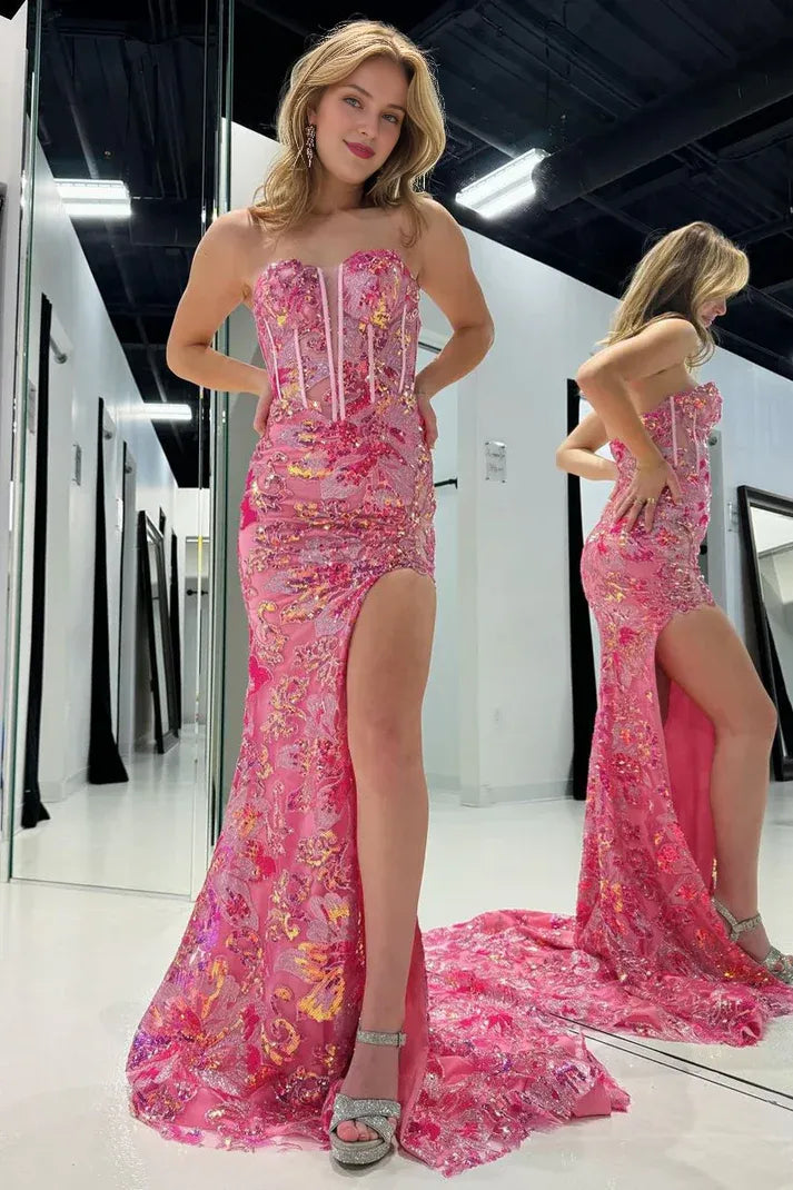 Vestidos de fiesta largos de sirena sin mangas con lentejuelas, hombros descubiertos y abertura alta en rosa 