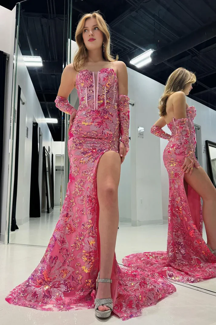 Vestidos de fiesta largos de sirena sin mangas con lentejuelas, hombros descubiertos y abertura alta en rosa 