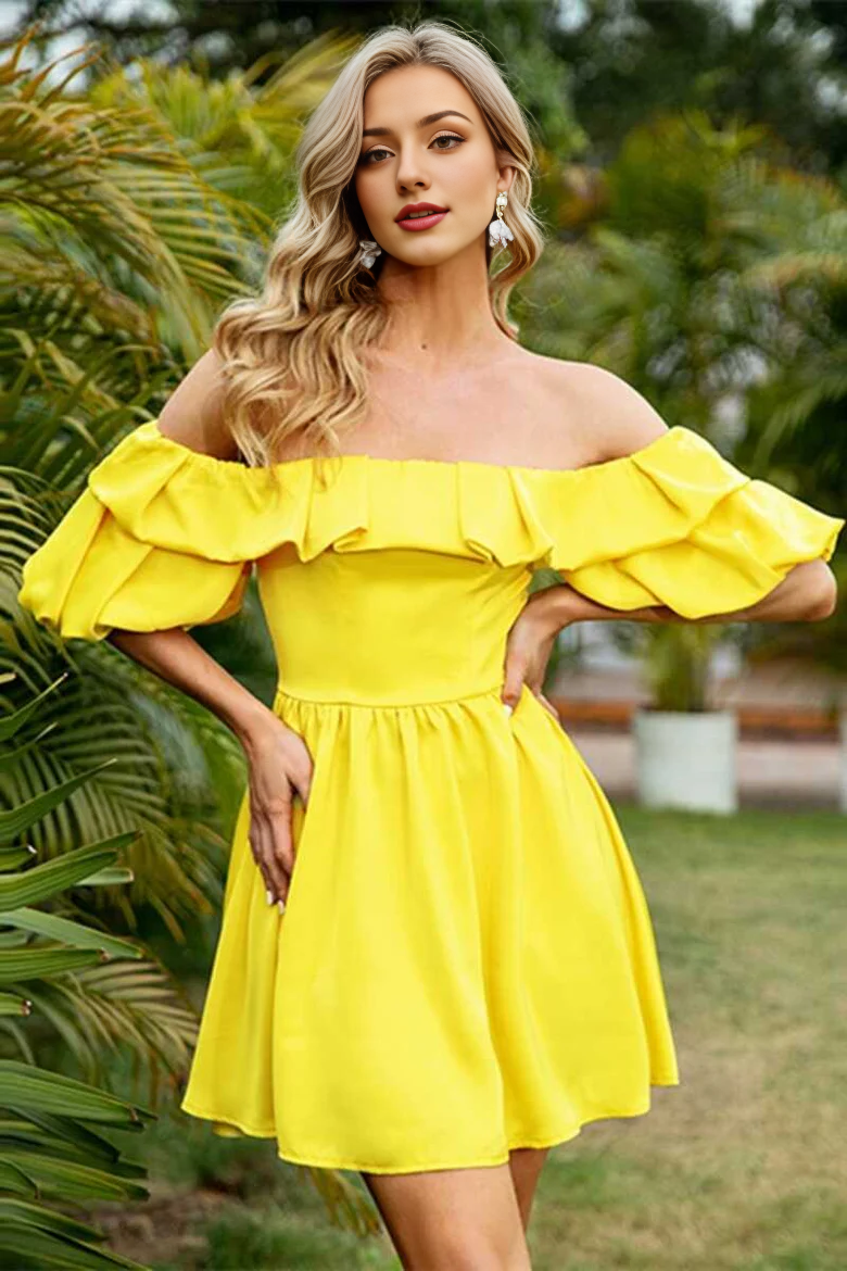 Off-the-Shoulder Puff Sleeve Ruffled Short Party Dress
