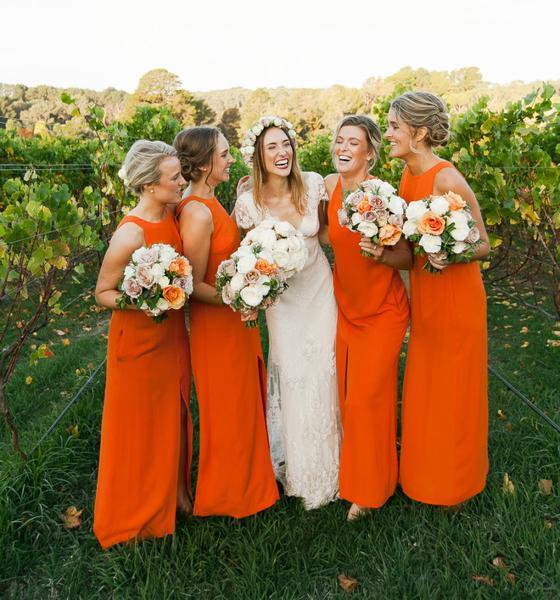 Off-the-Shoulder Round Neck Orange Chiffon Sleeveless Bridesmaid Dresses