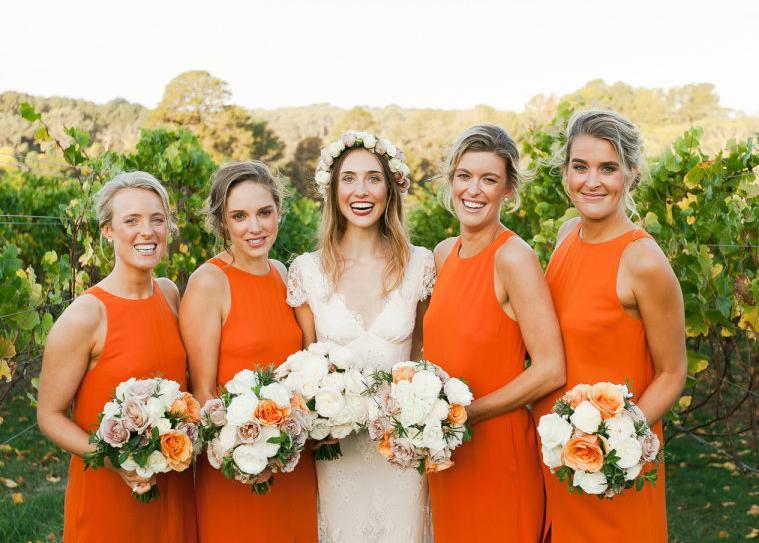 Off-the-Shoulder Round Neck Orange Chiffon Sleeveless Bridesmaid Dresses