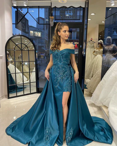 Weitese Formal Women's Dresses Glamorous Off-the-Shoulder Sheath Evening Party Gowns with Appliques Prom Clothing