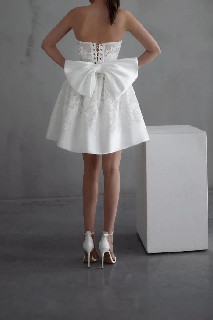 Off-the-Shoulder Short Wedding Dress Romantic Floral Lace Embroidered Wedding Gown Bow Wedding Dress Romantic Short White Prom Dress