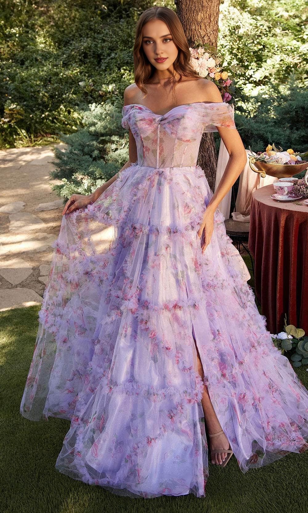 Off-the-Shoulder Sleeveless A-line Printing Floral Evening Dress Floor Length With Slit Prom Dress  Prom Dress In Store