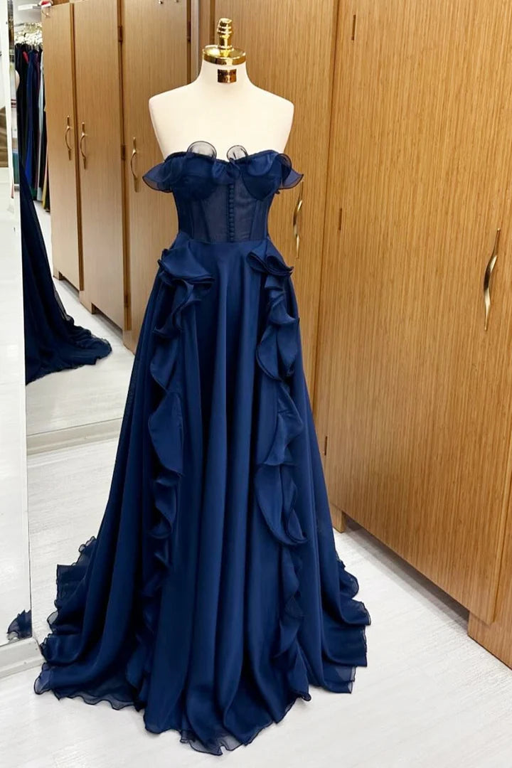 Off-the-Shoulder Sleeveless Floor Length Navy Blue Corset Ruffle Prom Dress