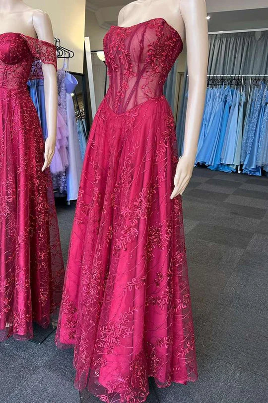 Robe de bal longue trapèze sans manches en tulle et dentelle, épaules dénudées, sans bretelles 