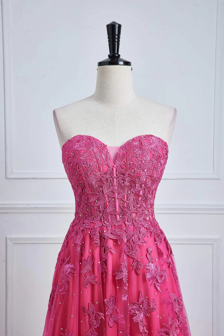 Off-the-Shoulder Strapless A-line Applique Floral Formal Prom Dress With Slit
