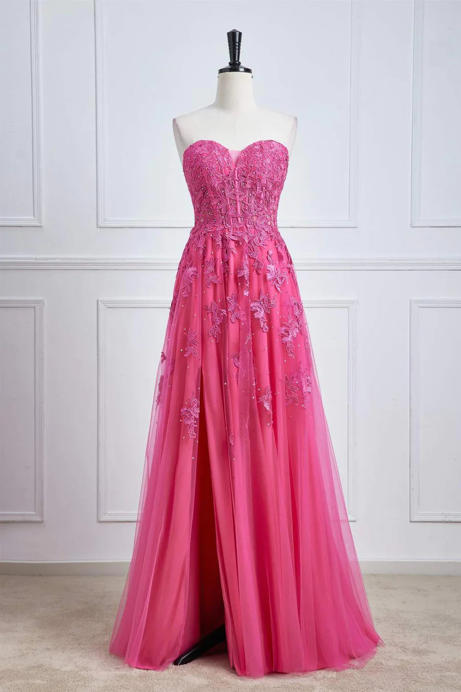 Off-the-Shoulder Strapless A-line Applique Floral Formal Prom Dress With Slit