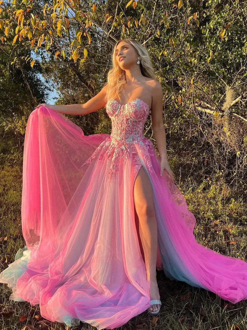 Off-the-Shoulder Sweetheart A-Line Tulle Appliques Prom Dress With Hight Slit
