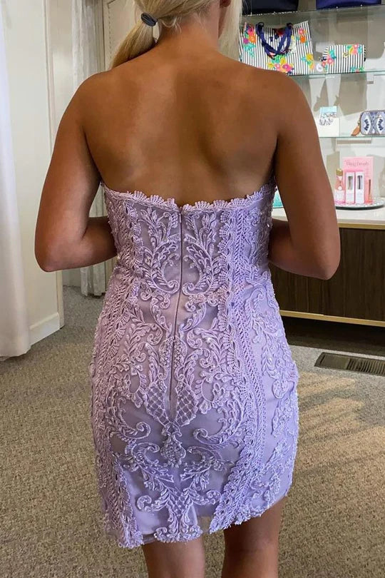 Off-the-Shoulder Sweetheart Lavender Lace Bodycon Mini Homecoming Dress