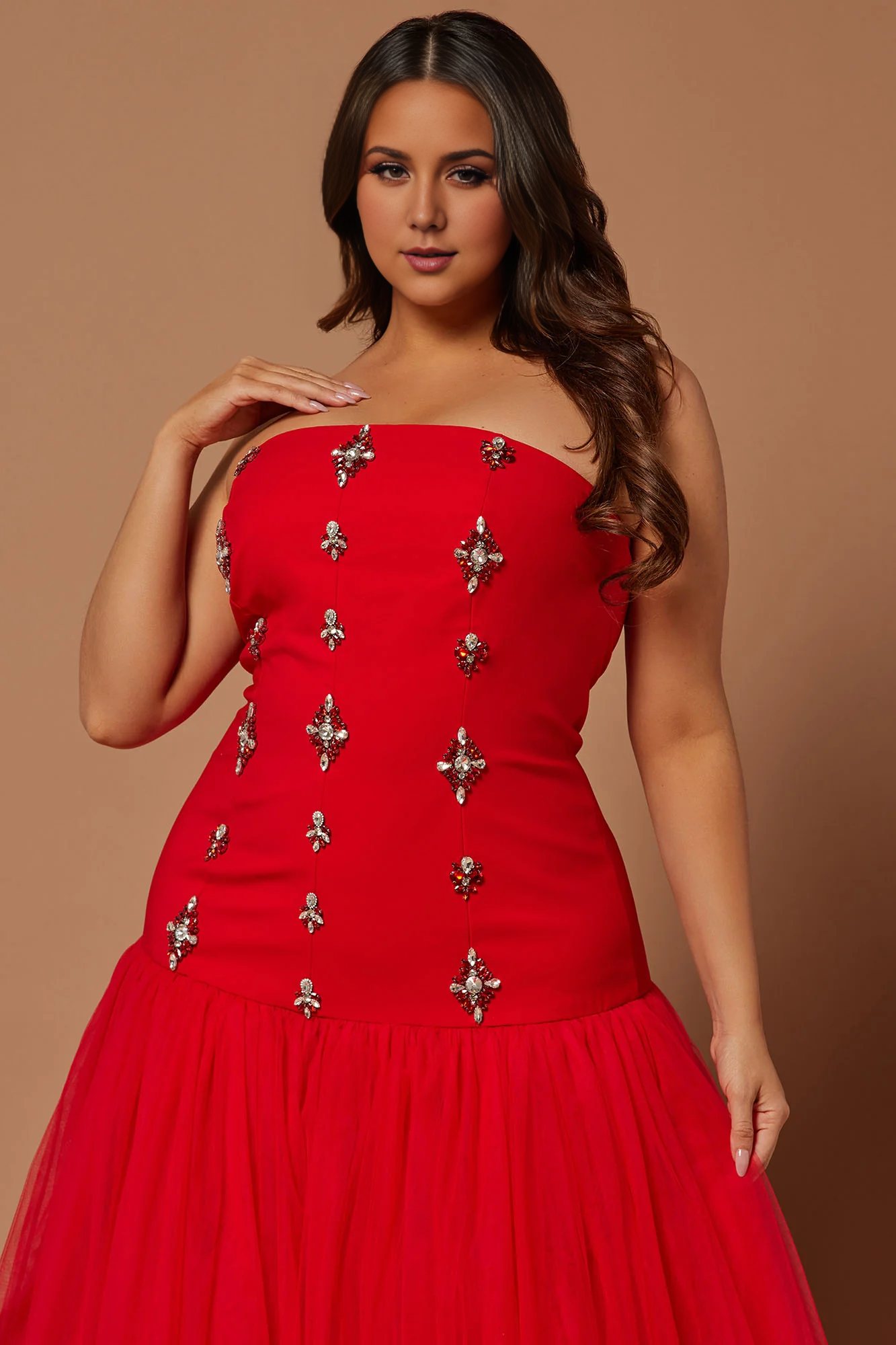 Robe de bal trapèze en tulle à épaules dénudées, sans manches, ornée, longueur au sol, grande taille 