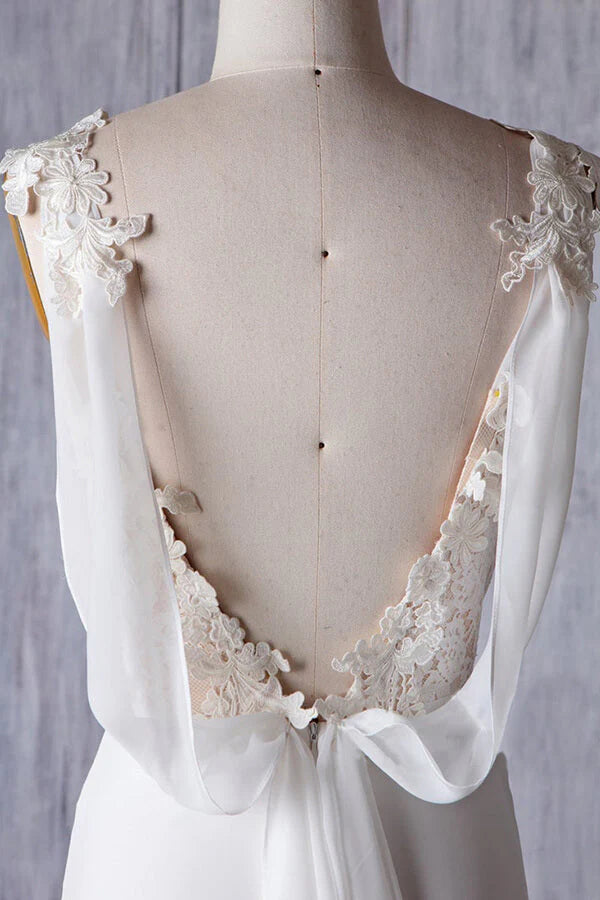Robe de mariée longue en mousseline de soie, épaules dénudées, col en V, dos nu, gaine, dentelle