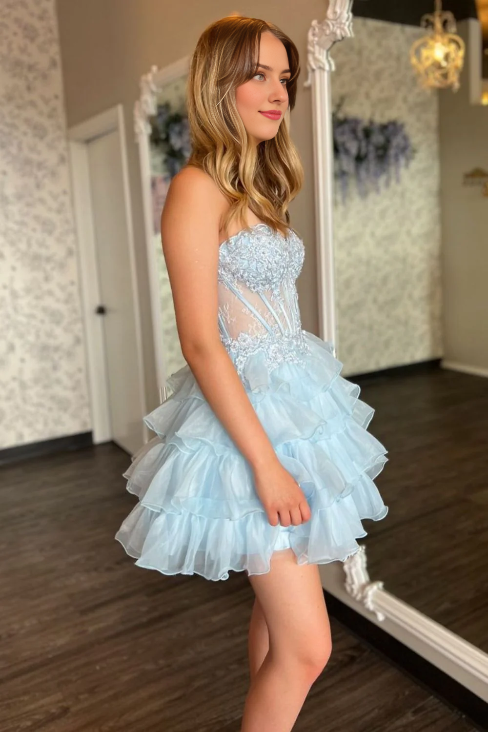 Off-the-Shoulder A-Line Sweetheart Lace Up Short Tiered Tulle Homecoming Dress