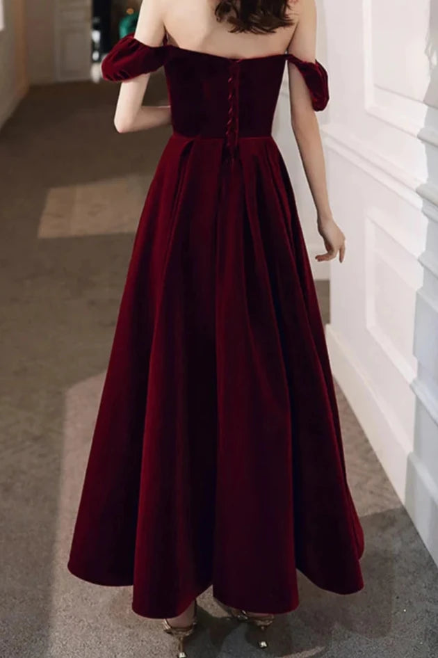 Off-the-Shoulder A-line Simple  V Neck Velvet Tea Length Prom Dresses