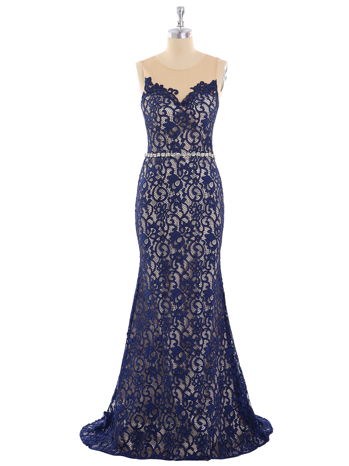 Robe de soirée sirène en dentelle, épaules dénudées, dos nu, avec col illusion - Bleu marine foncé