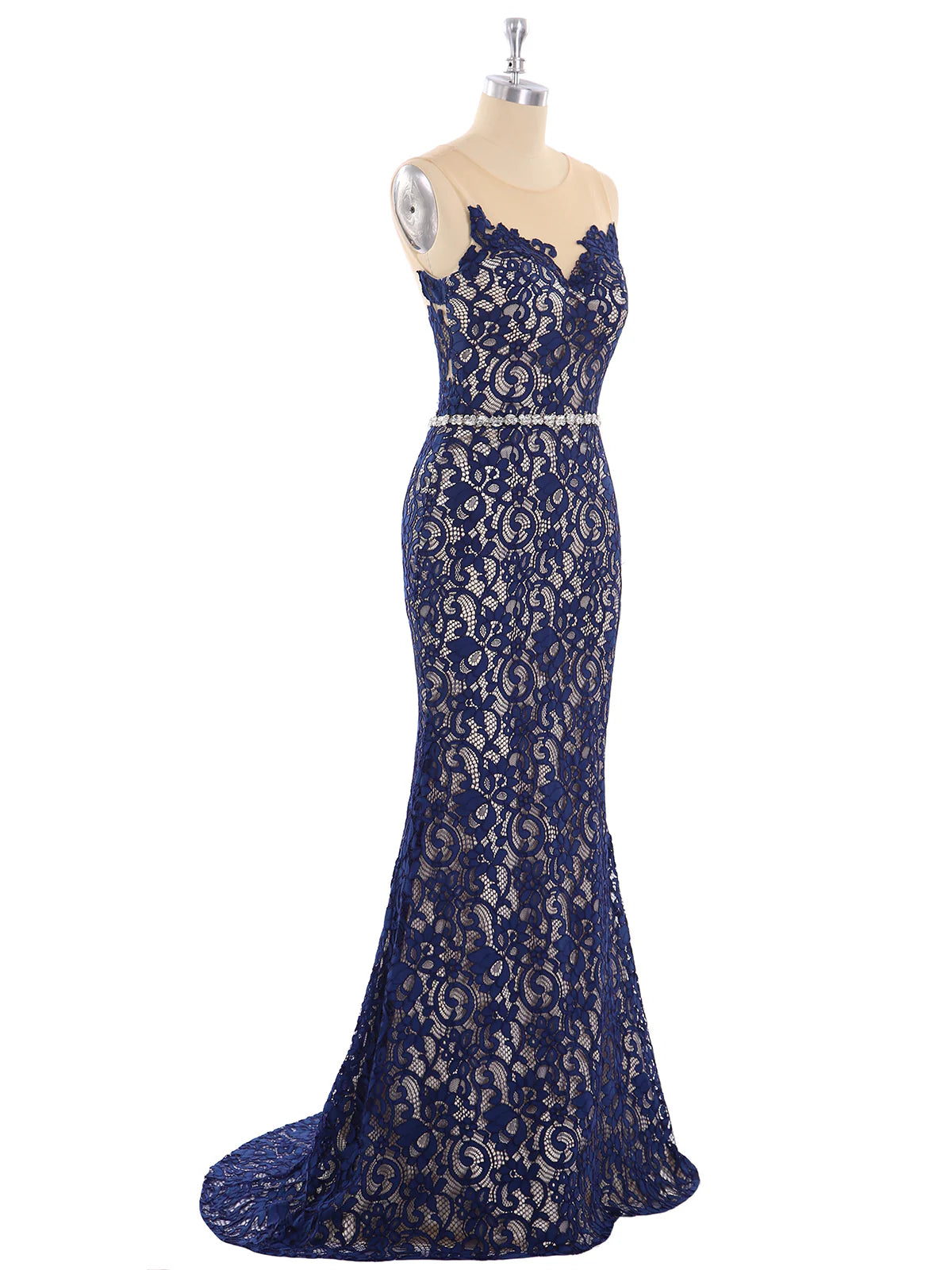 Robe de soirée sirène en dentelle, épaules dénudées, dos nu, avec col illusion - Bleu marine foncé