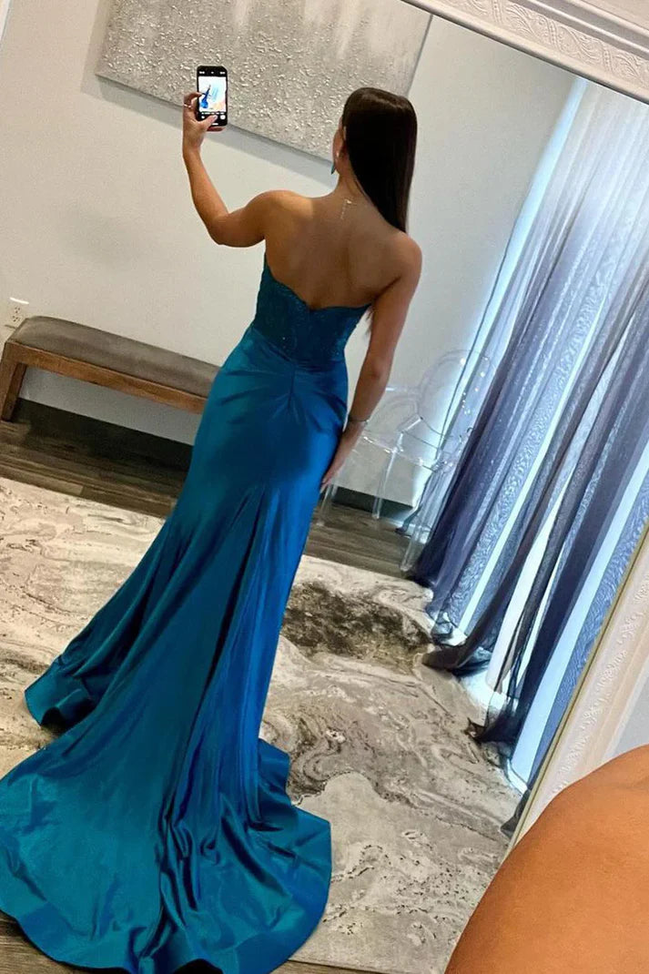 Vestidos de fiesta largos de sirena sin tirantes, azul real, con hombros descubiertos y abertura 