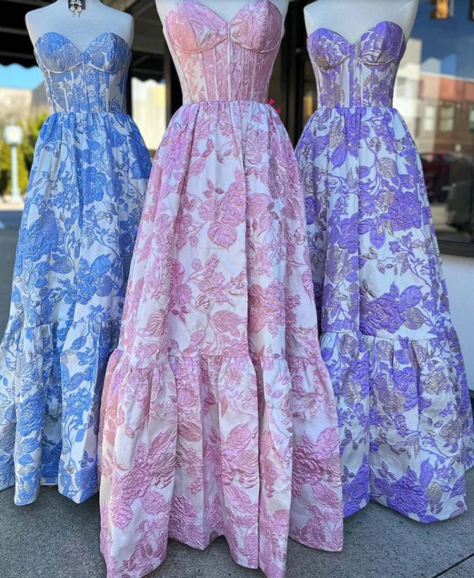 Off-the-Shoulder Backless Sweetheart Corset Floral Prom Dress with Ruffle