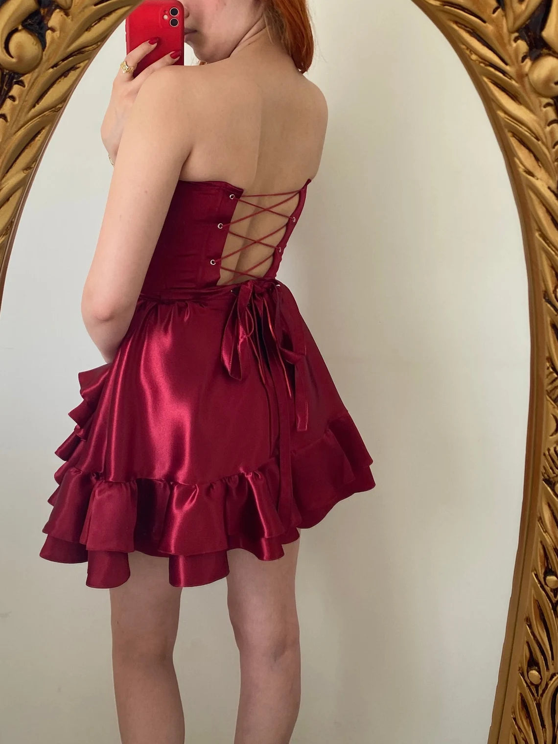 Off-the-Shoulder Burgundy Corset Dress Ruffles Homecoming Short Prom Party Dress