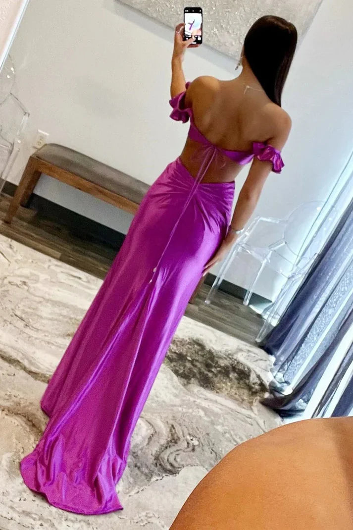 Vestido de fiesta ajustado de sirena con hombros descubiertos, mangas onduladas y corte en la cintura en violeta 